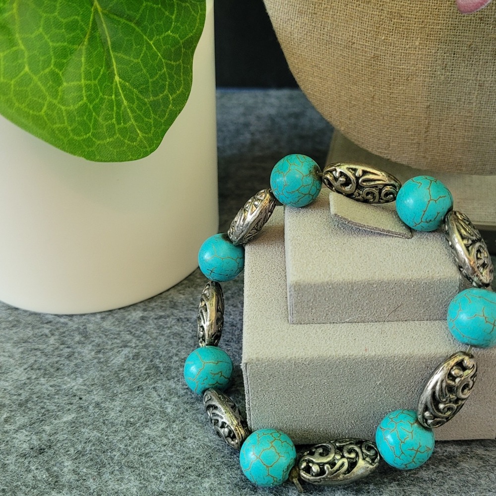 Southwestern Turquoise Color Stone Stretch Bracelet Antiqued Openwork Beads